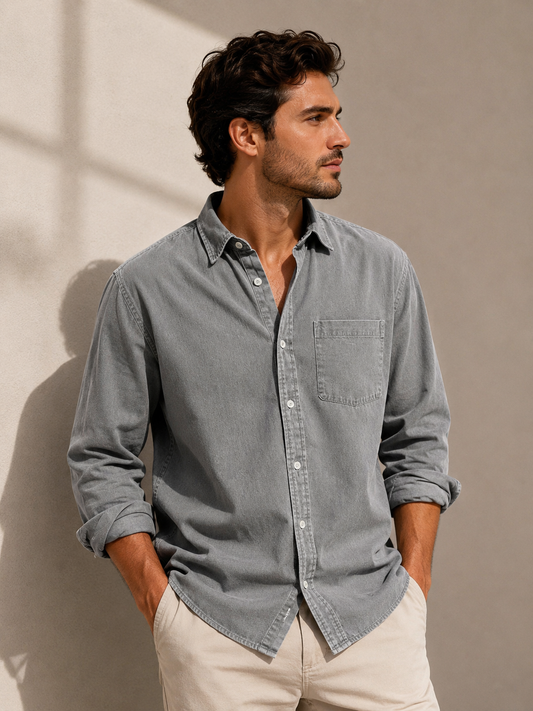 Male model wearing gray classic long-sleeve lapel shirt looking right
