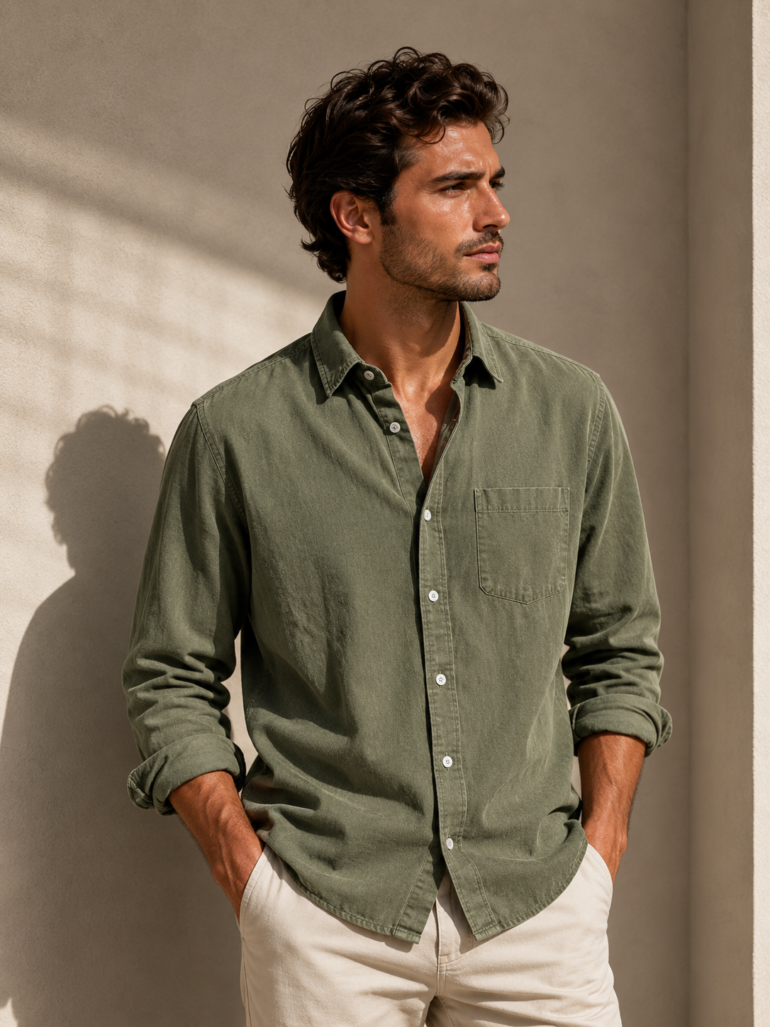 Male model wearing green classic long-sleeve lapel shirt