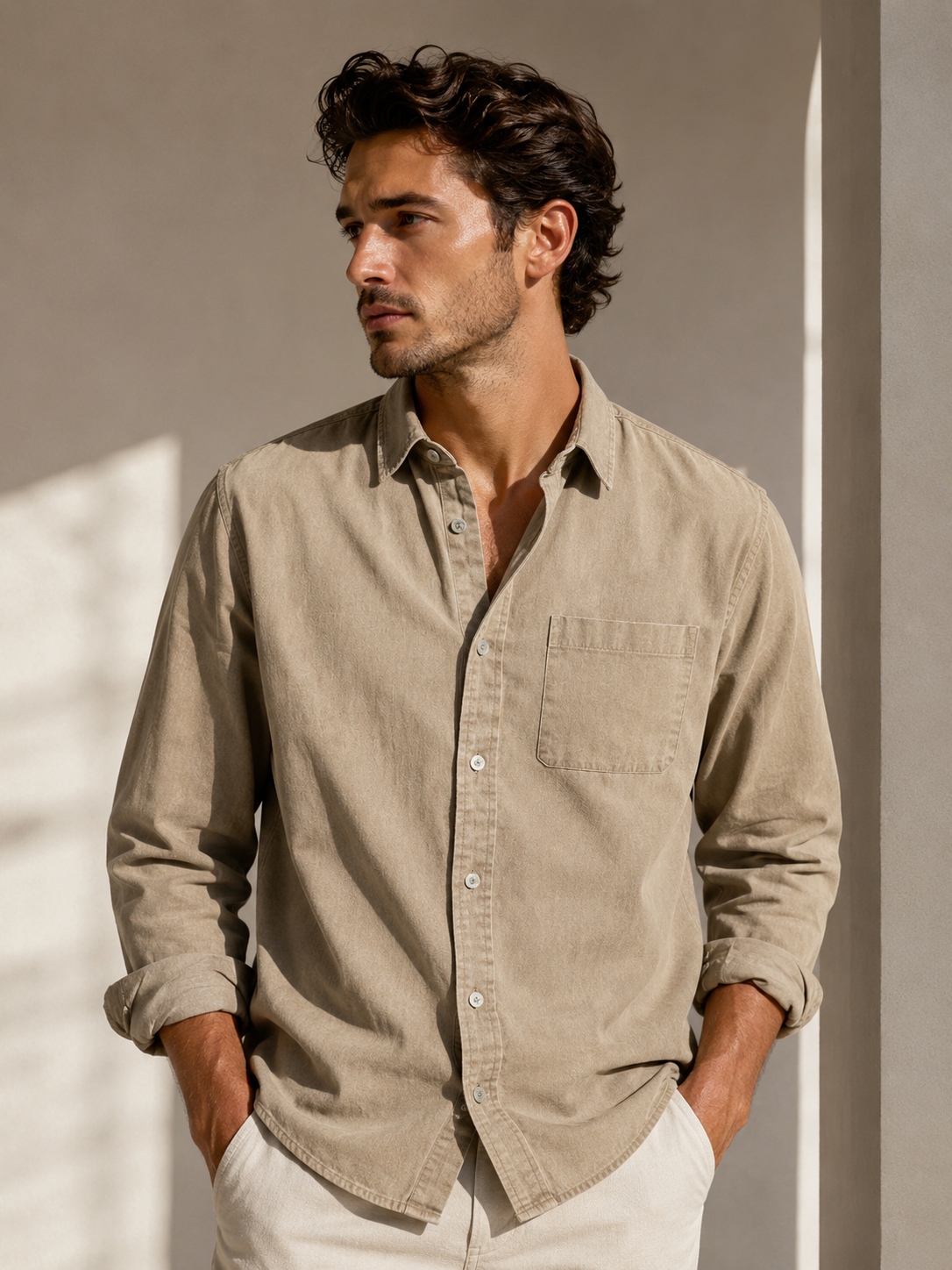 Male model wearing khaki classic long-sleeve lapel shirt