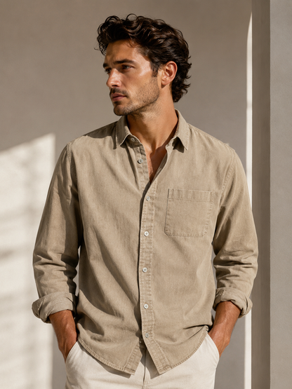 Male model wearing khaki classic long-sleeve lapel shirt