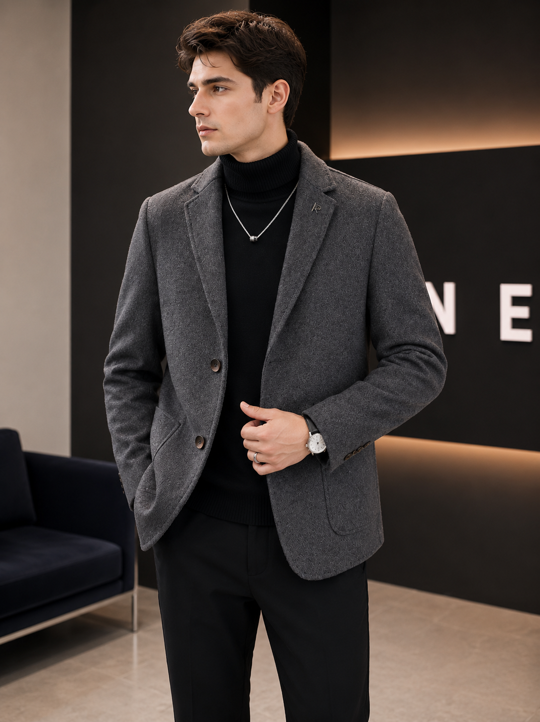 Double-faced wool overcoat with down liner gray lifestyle image on model