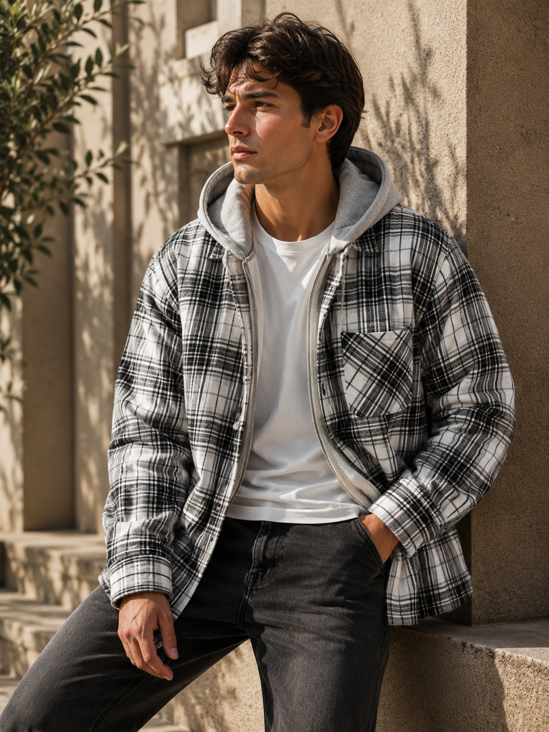 Fleece-lined hooded shirt jacket black and white plaid lifestyle image on model