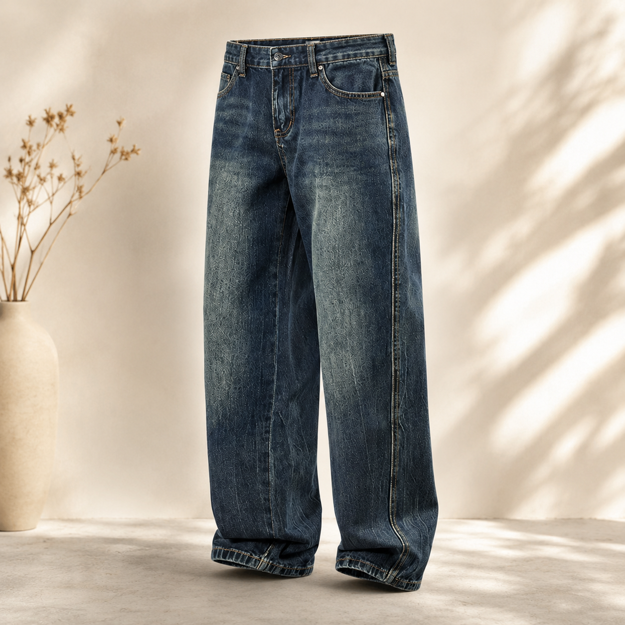 Fleece-Lined Retro Straight Jeans product image with premium background