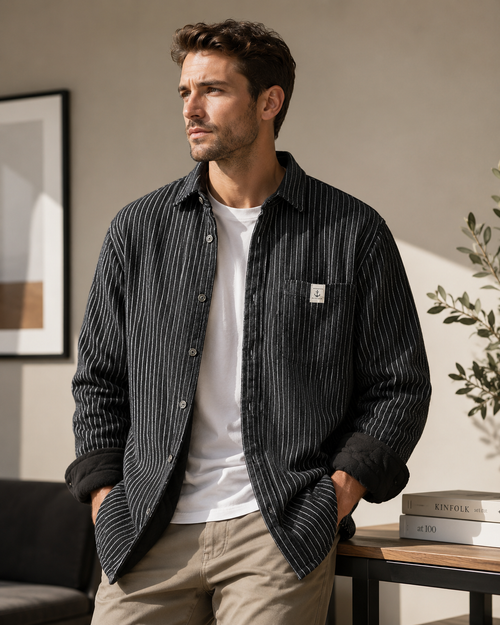 Fleece-lined striped shirt coat lifestyle ad image on male model