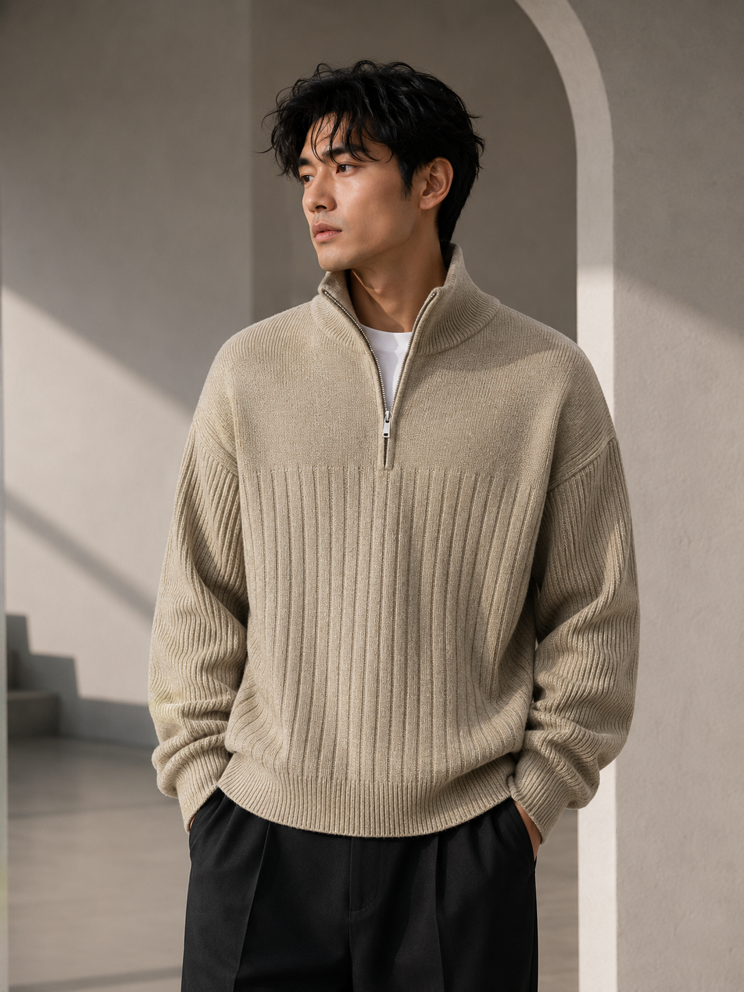Male model wearing beige half-zip ribbed sweater