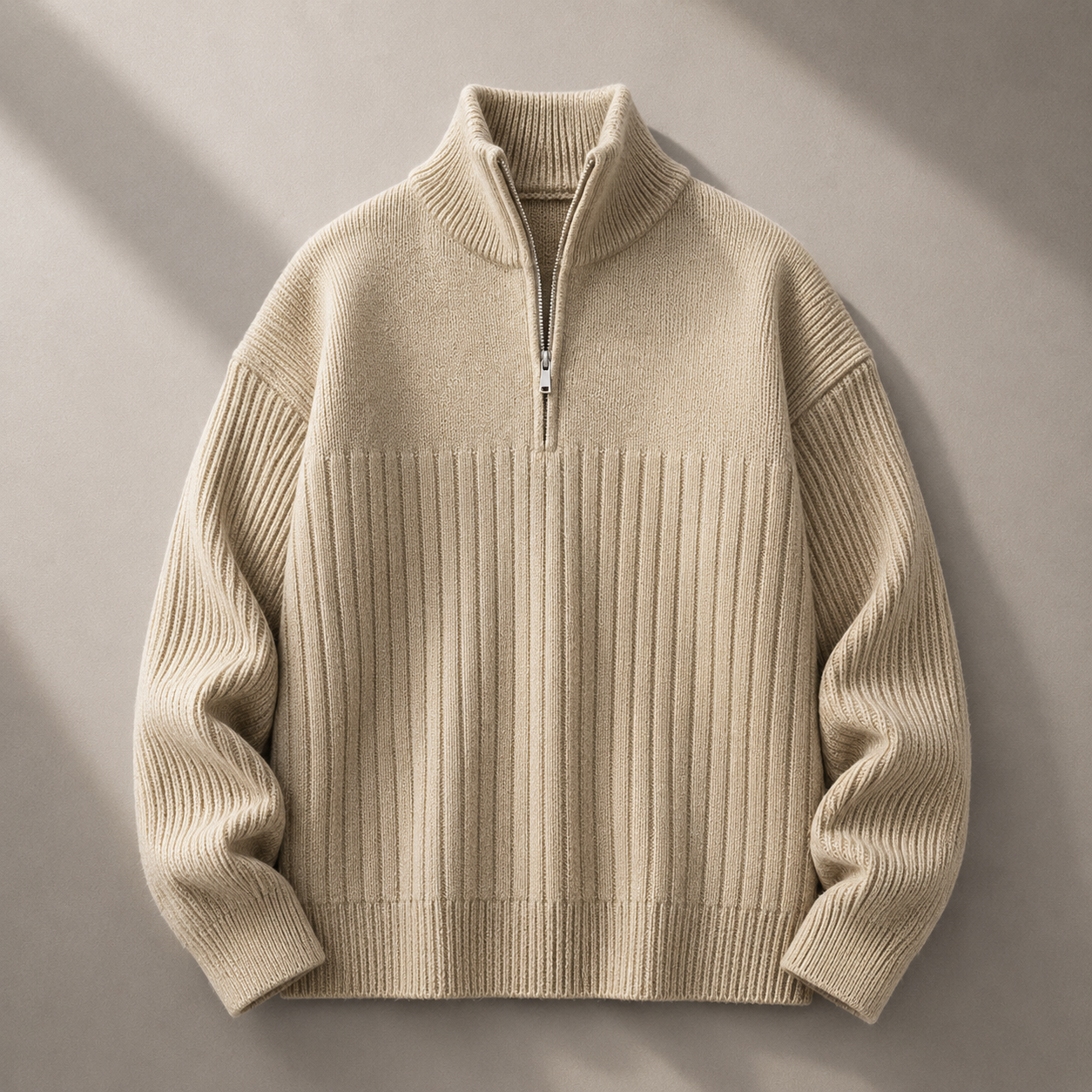 Beige half-zip ribbed sweater product photo