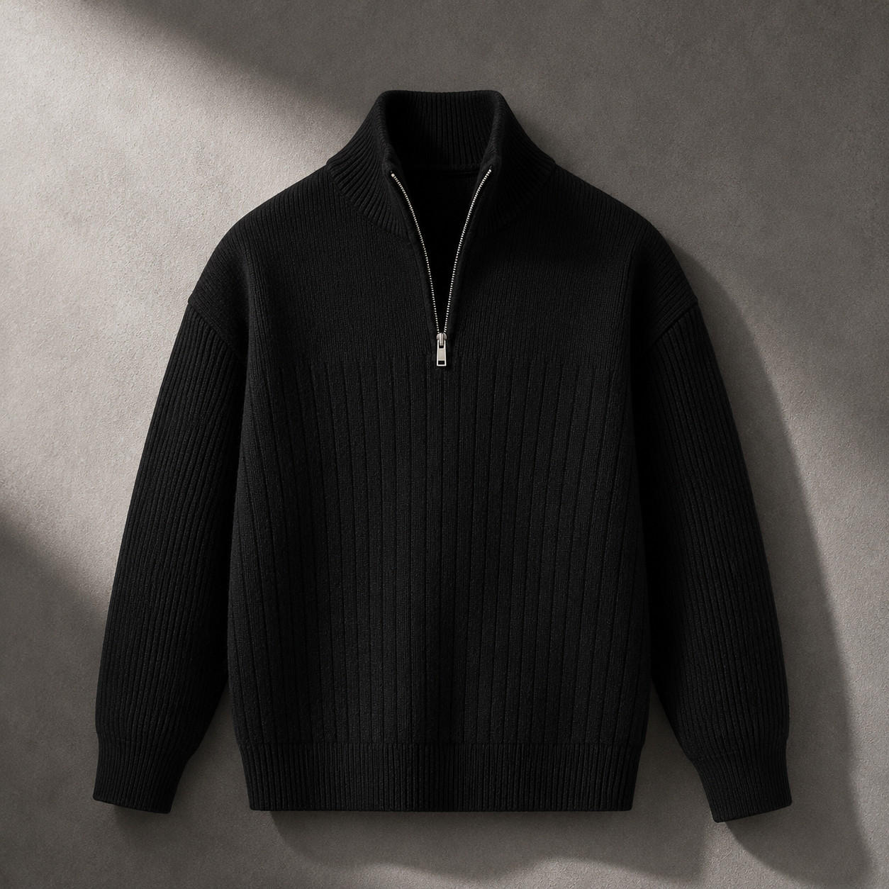 Black half-zip ribbed sweater product photo