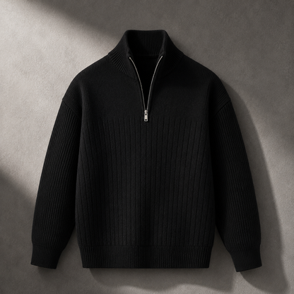 Black half-zip ribbed sweater product photo