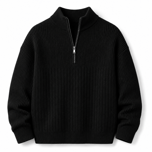 Black Half-Zip Ribbed Sweater on white background