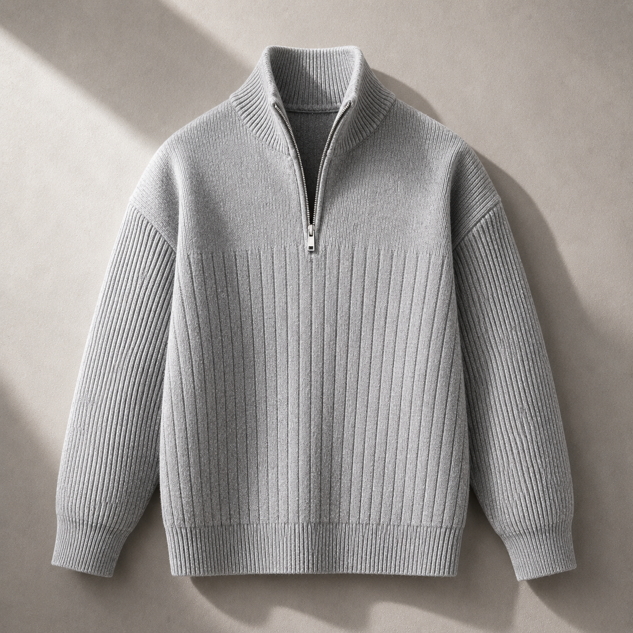 Gray half-zip ribbed sweater product photo