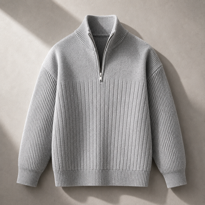 Gray half-zip ribbed sweater product photo