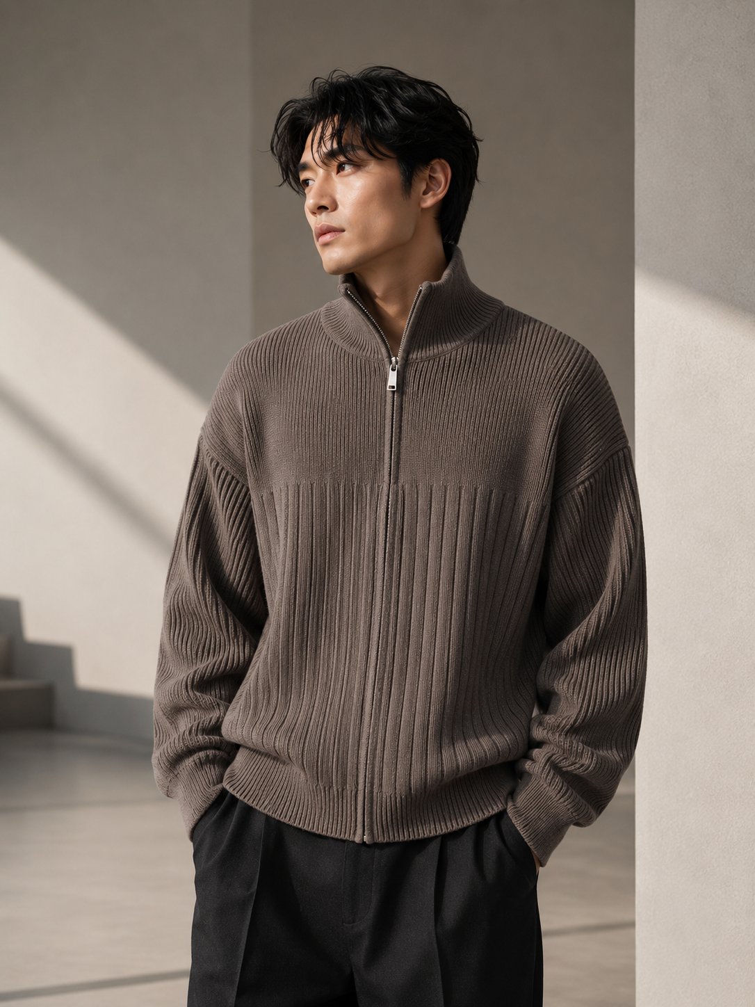 Male model wearing taupe half-zip ribbed sweater