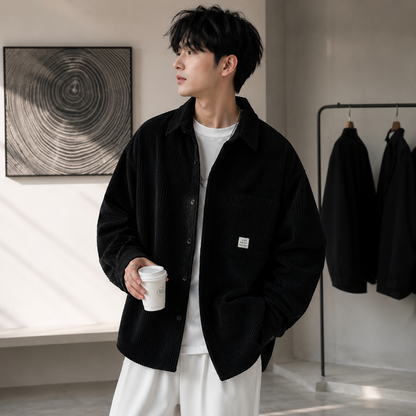 Heavy corduroy shirt jacket black lifestyle image on model