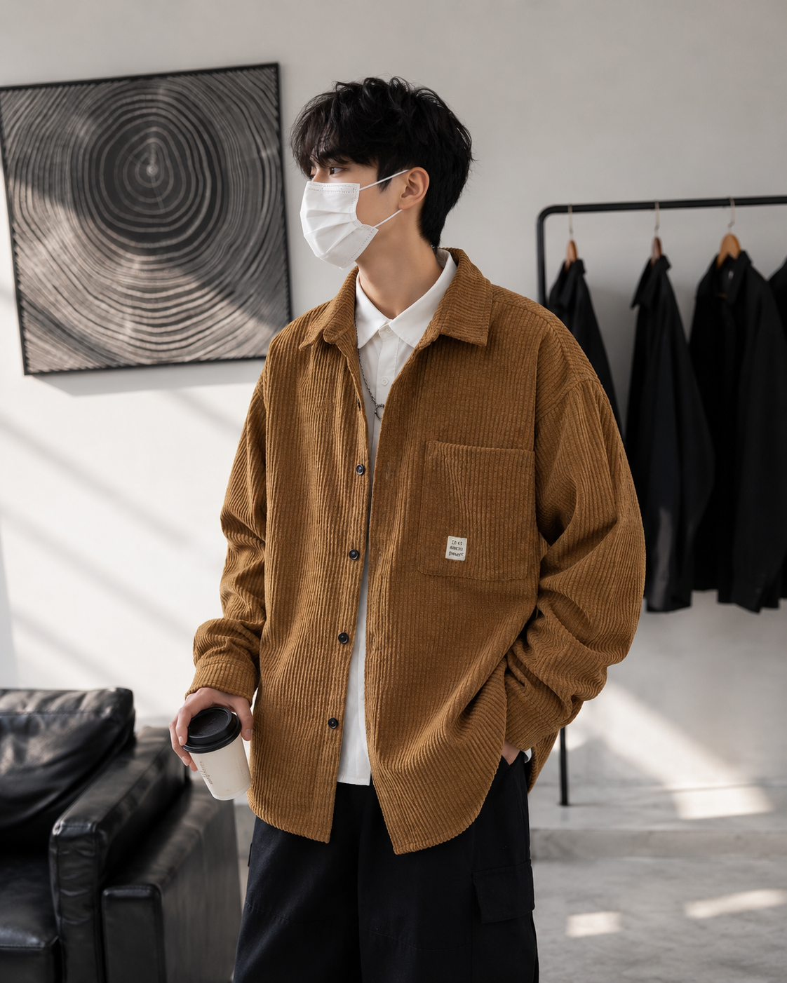 Heavy corduroy shirt jacket brown lifestyle image on model