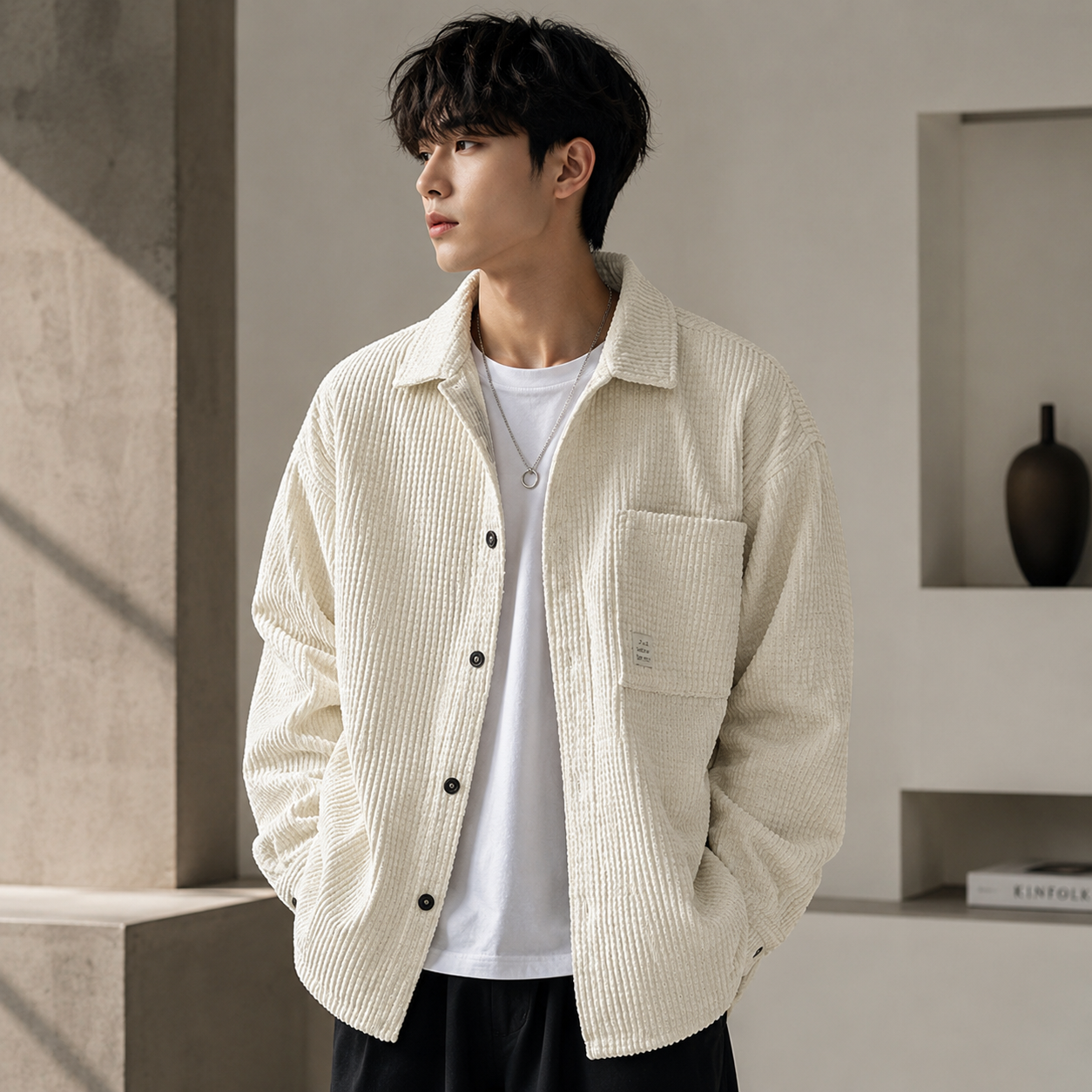 Heavy corduroy shirt jacket cream lifestyle image on model