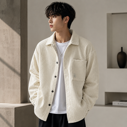 Heavy corduroy shirt jacket cream lifestyle image on model