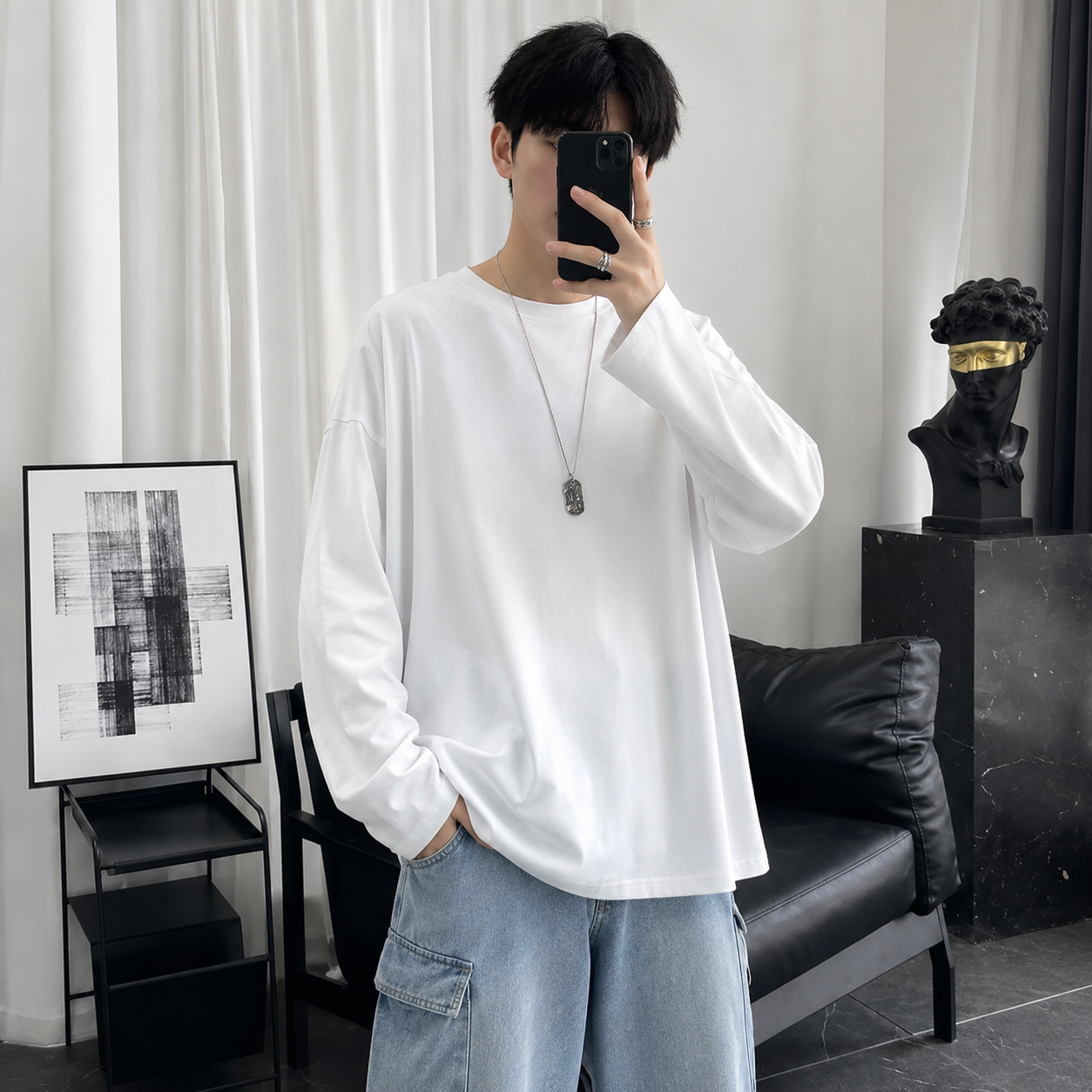 Heavy corduroy shirt jacket white long tee lifestyle image on model