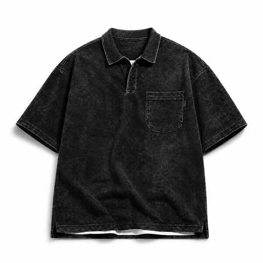 Black heavyweight retro short-sleeve polo on white studio background