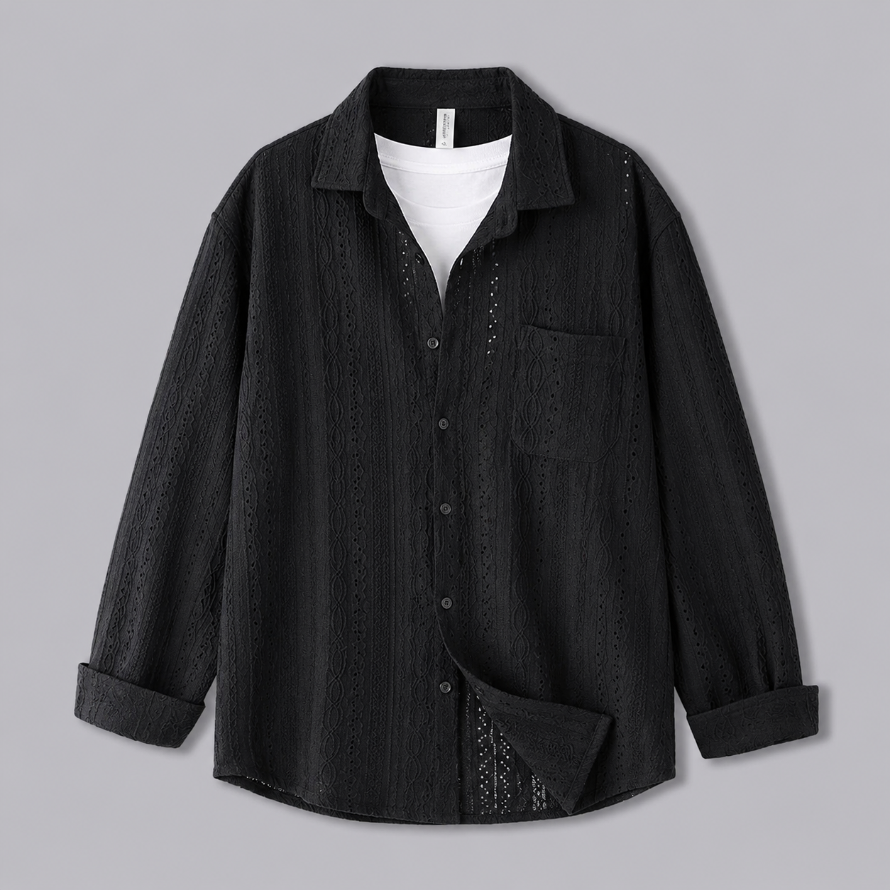 Black hollow-knit luxury long-sleeve shirt product photo