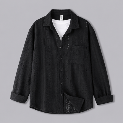 Black hollow-knit luxury long-sleeve shirt product photo