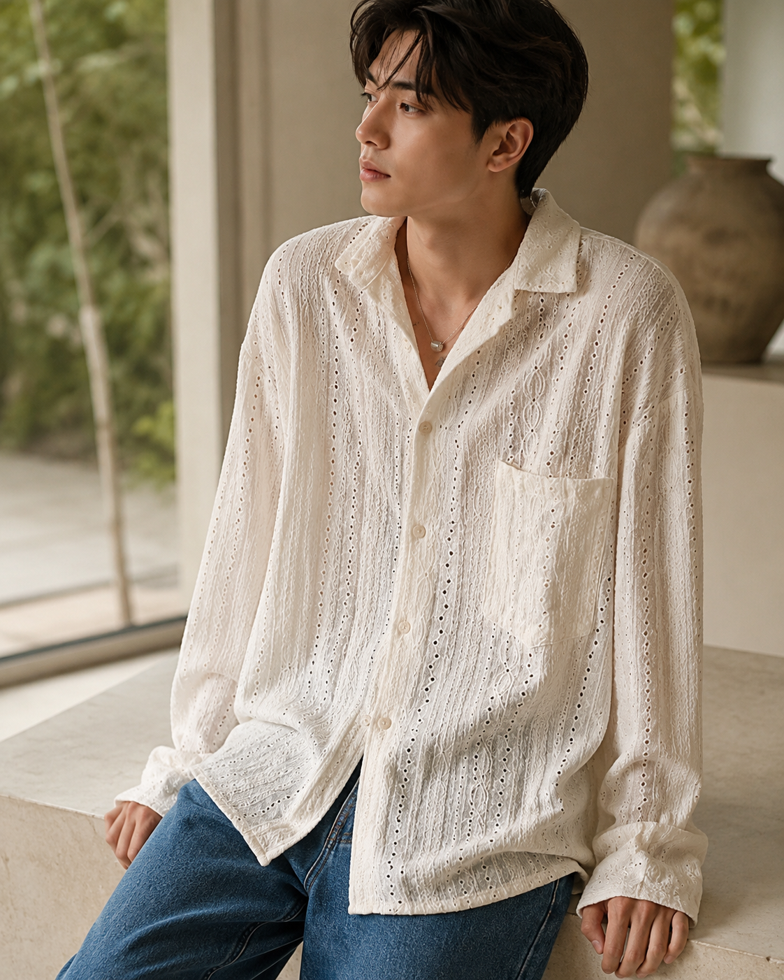 Male model wearing ivory hollow-knit luxury long-sleeve shirt