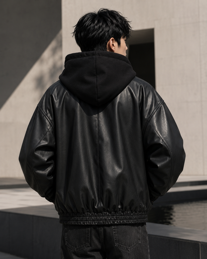 Hooded faux-leather puffer jacket back view on model