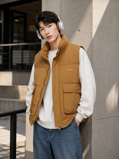 Insulated down vest camel urban lifestyle ad image