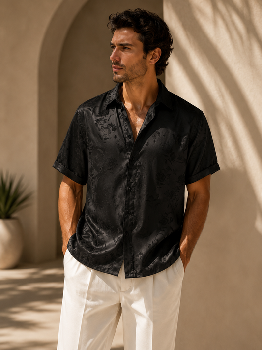 Male model wearing black jacquard short-sleeve summer shirt