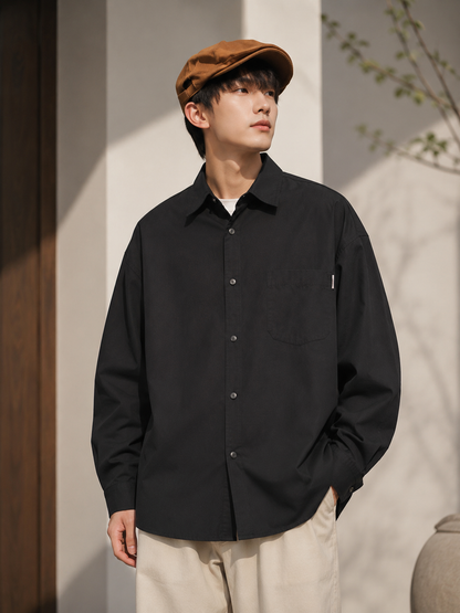 Japanese Long-Sleeve Work Shirt black color on male model
