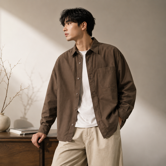 Japanese Long-Sleeve Work Shirt brown color on male model