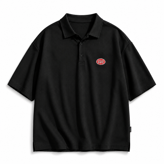 Black lapel short-sleeve polo tee on white studio background