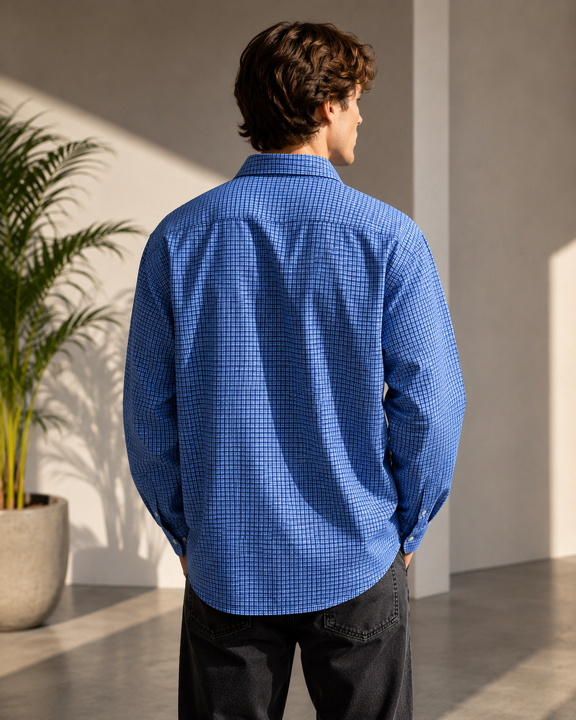 Male model wearing Letter-Print Long-Sleeve Casual Shirt back view