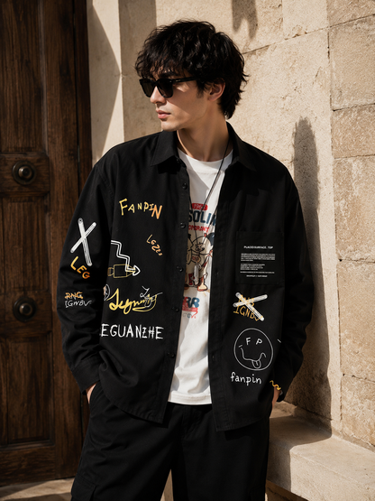 Male model wearing black long-sleeve utility casual shirt