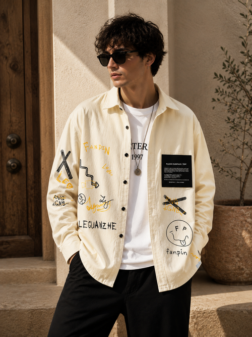 Male model wearing cream long-sleeve utility casual shirt