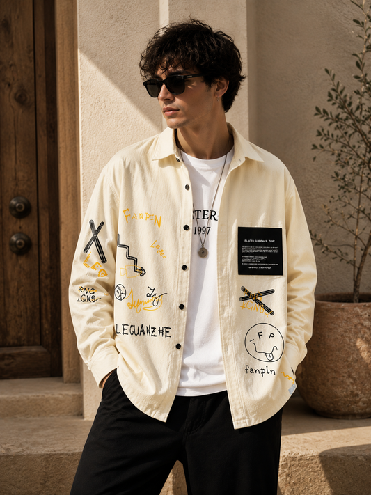 Male model wearing cream long-sleeve utility casual shirt