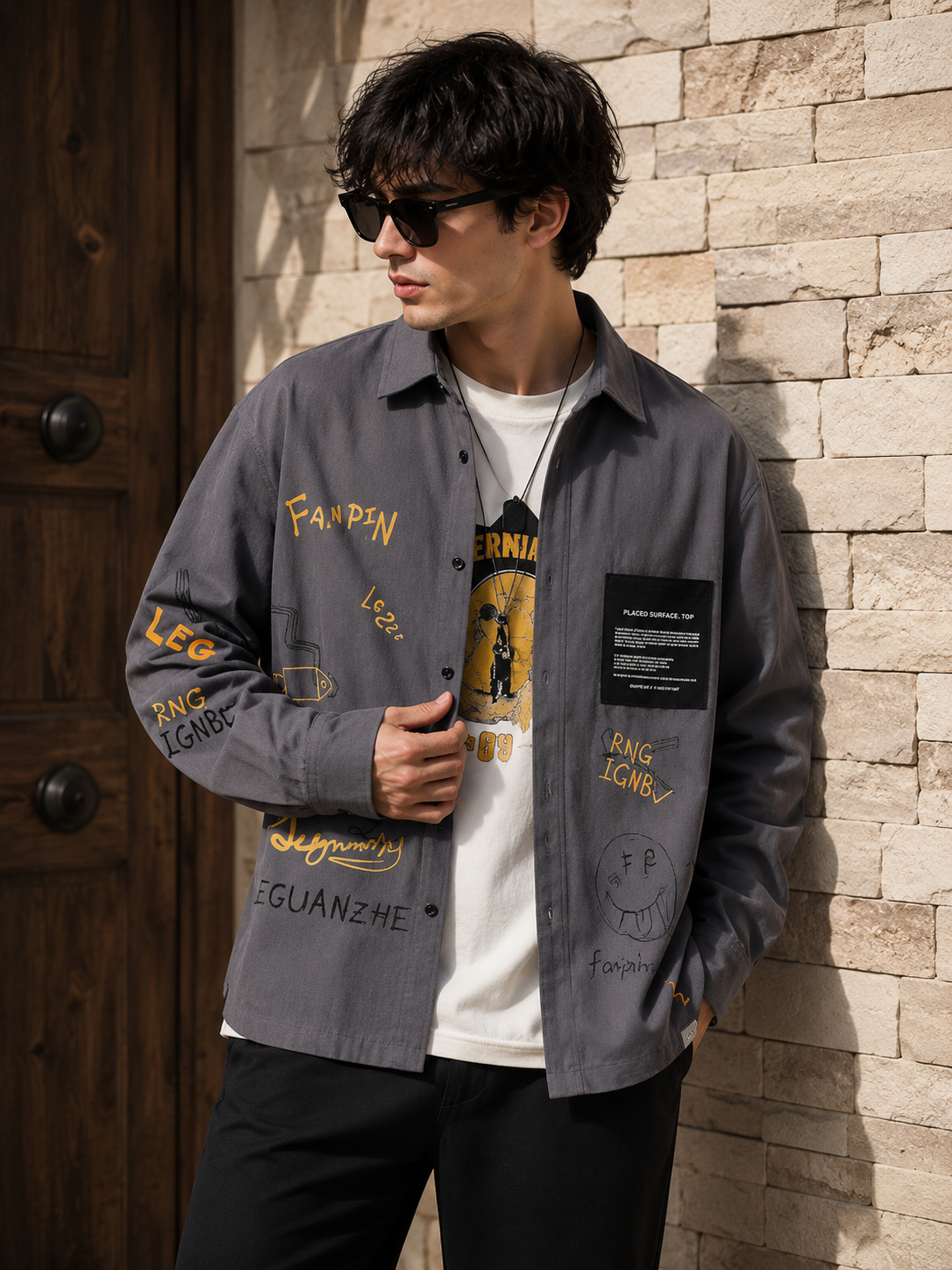 Male model wearing gray long-sleeve utility casual shirt