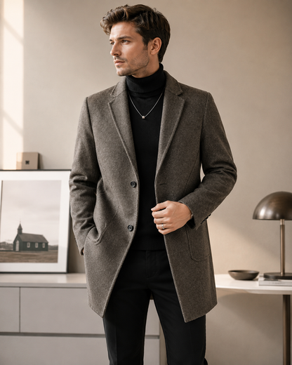 Mid-length double-faced wool coat brown lifestyle image on model
