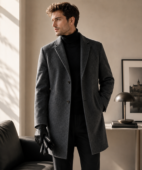 Mid-length double-faced wool coat charcoal lifestyle image on model