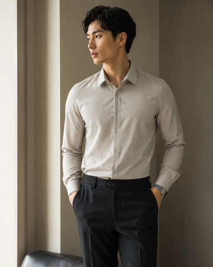 Male model wearing non-iron embroidered dress shirt