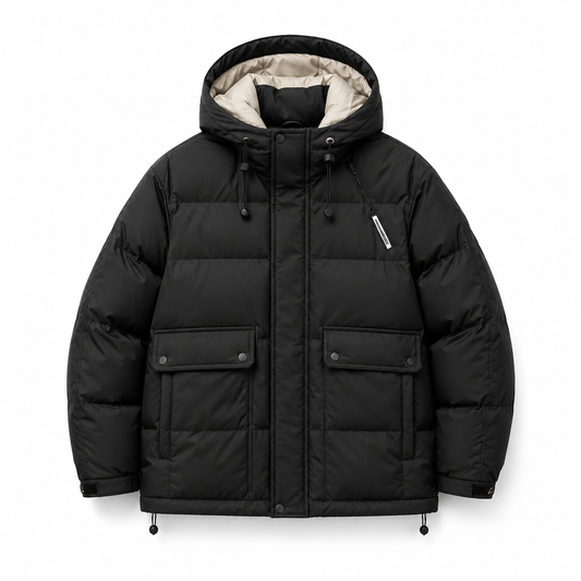 Paneled Hooded Down Jacket black product-only image on white background