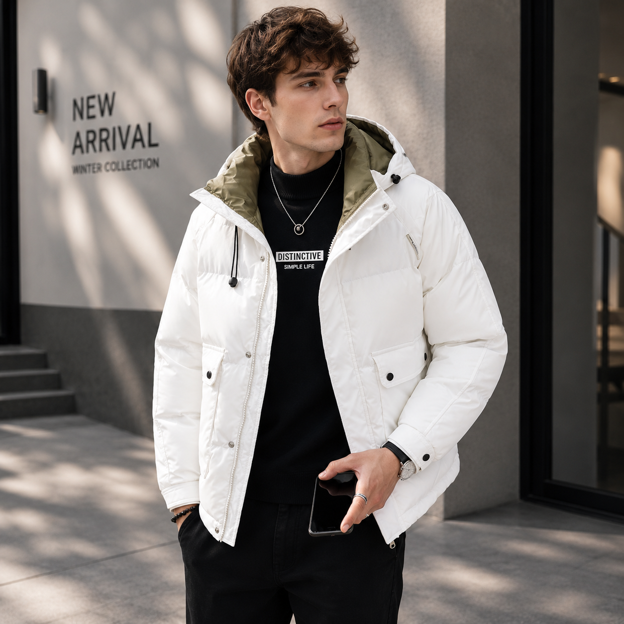 Paneled hooded down jacket white lifestyle ad image on model