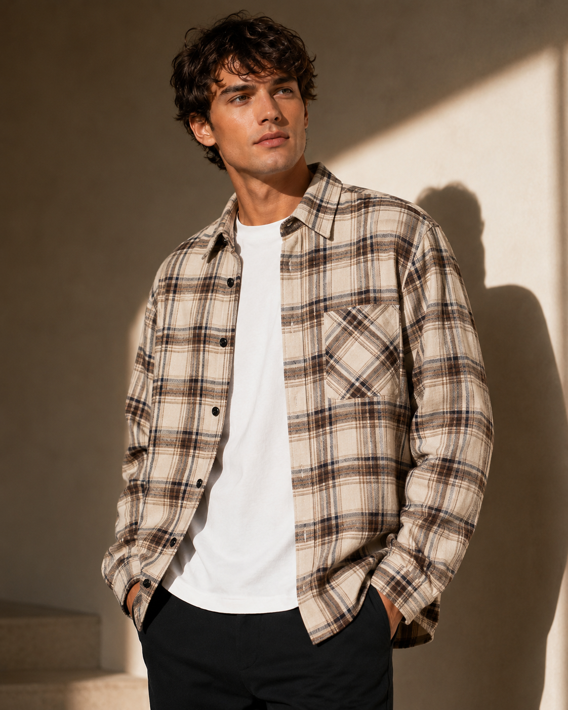 Beige plaid long-sleeve shirt professional ad image