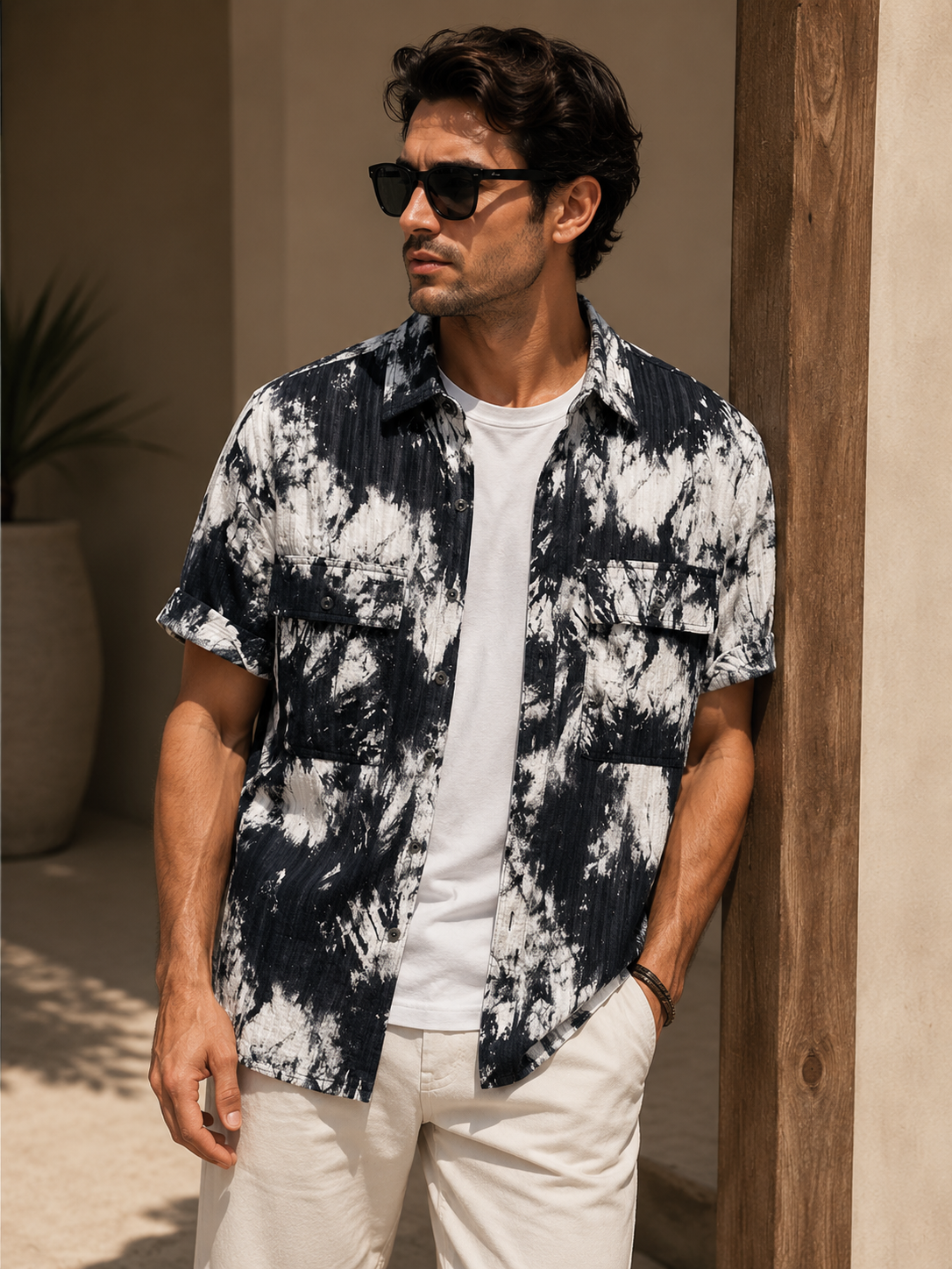 Male model wearing printed short-sleeve casual shirt