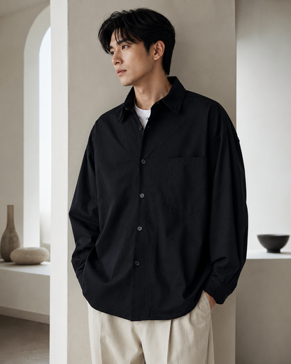 Male model wearing black pure cotton casual outer shirt