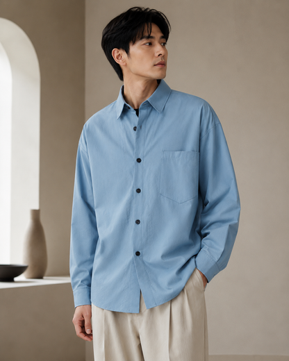 Male model wearing blue pure cotton casual outer shirt