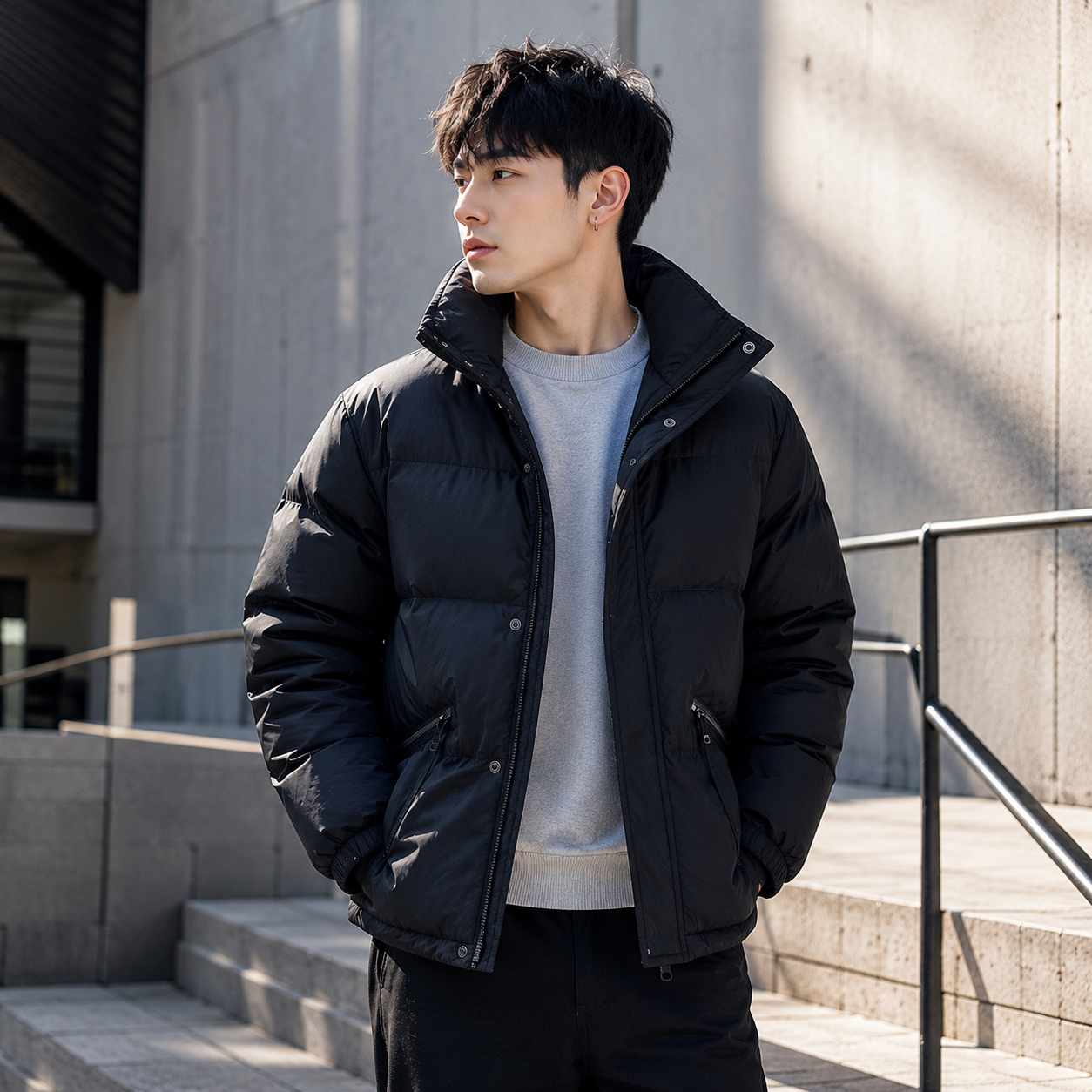 Quilted padded jacket black lifestyle ad image on Asian male model
