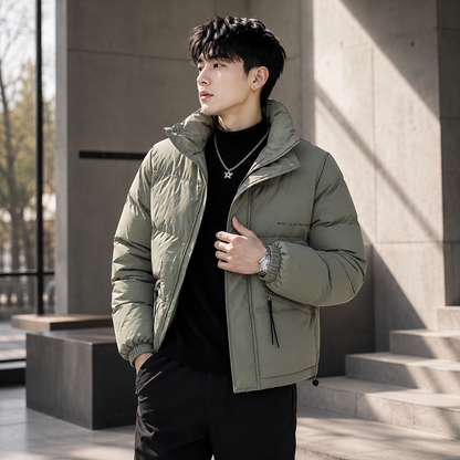 Quilted padded jacket sage lifestyle ad image on Asian male model