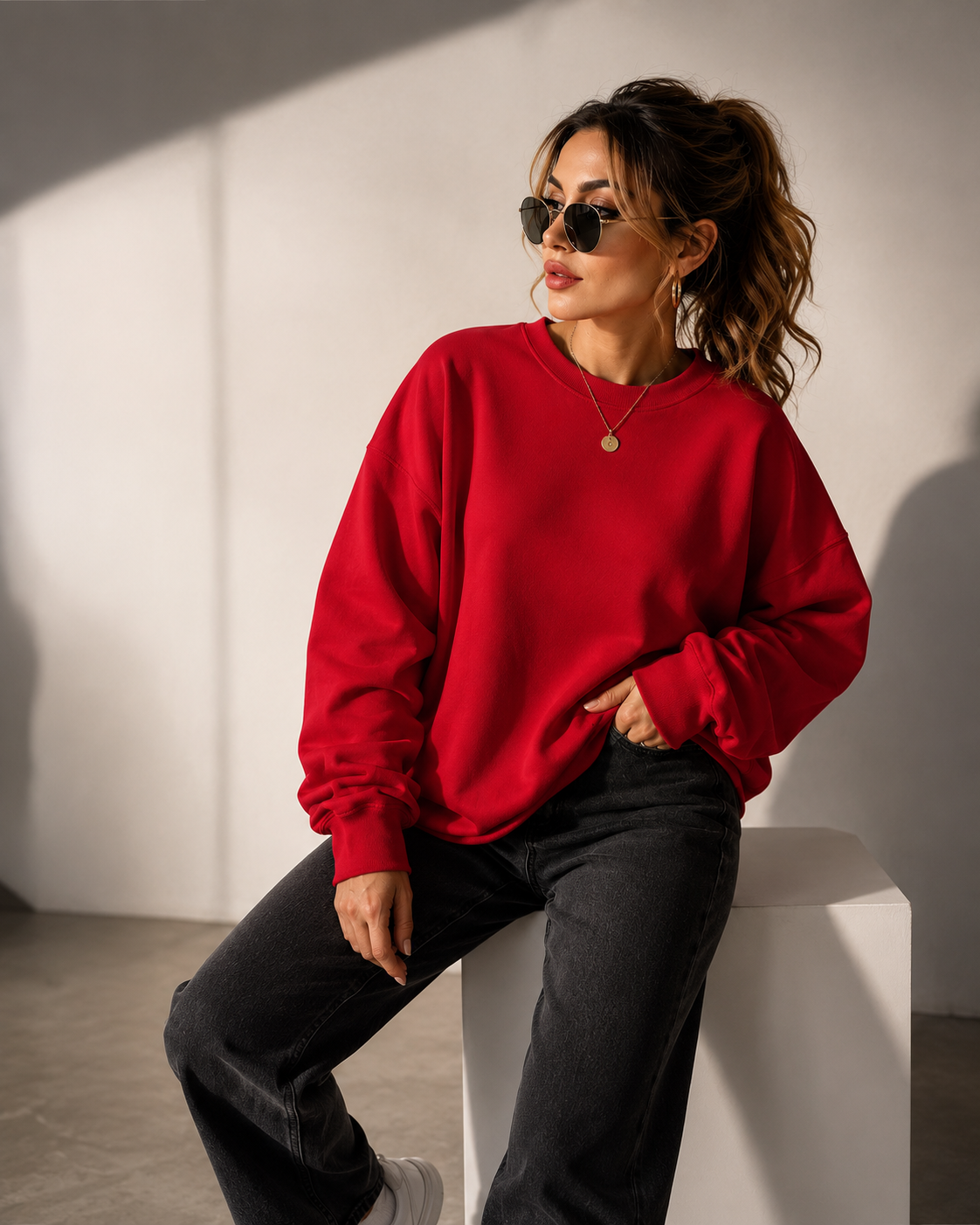 Female model wearing red heavyweight crewneck sweatshirt