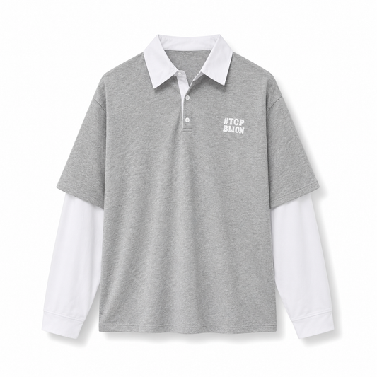 Grey retro patchwork long-sleeve polo product-only image on white background