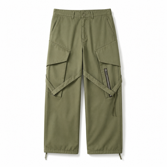 Retro Wide-Leg Work Pants army green utility cargo front view on white background
